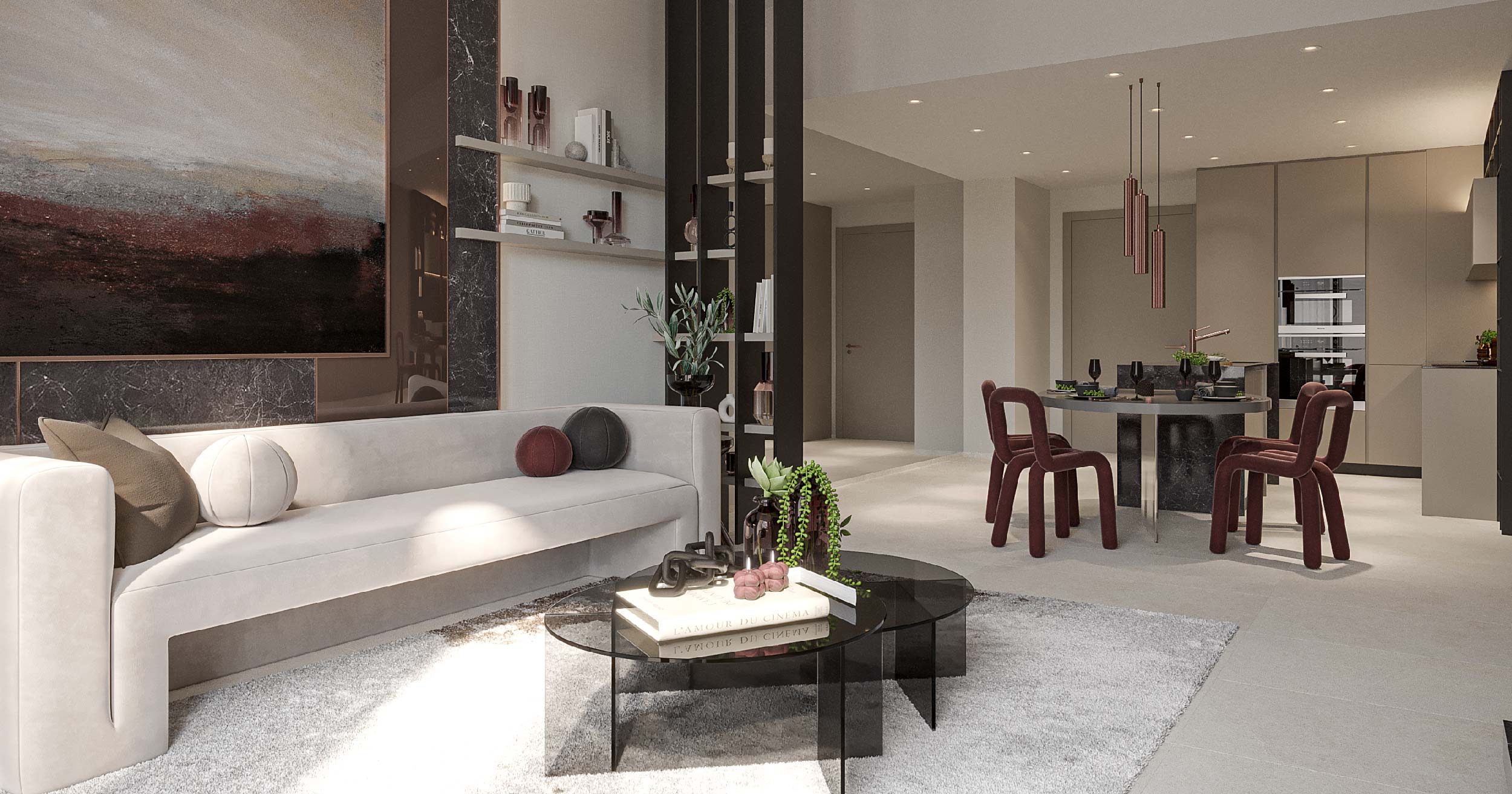 Luxor By Imtiaz A modern living space featuring a beige sofa, black coffee table, and dining area with stylish red chairs.